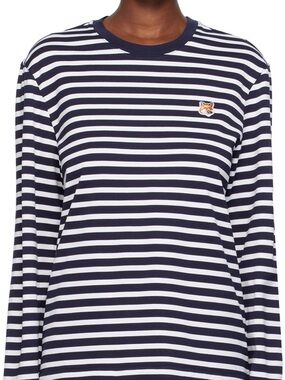 MAISON KITSUNÉ Navy and White Striped Long-Sleeve Crewneck with Fox Patch